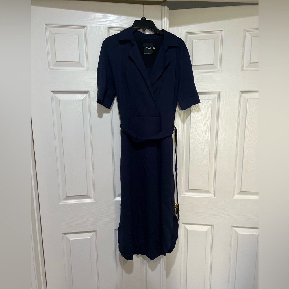 lysse Blue Belted Side Split Jersey Busi Shirt Office Work Modest Midi dress S